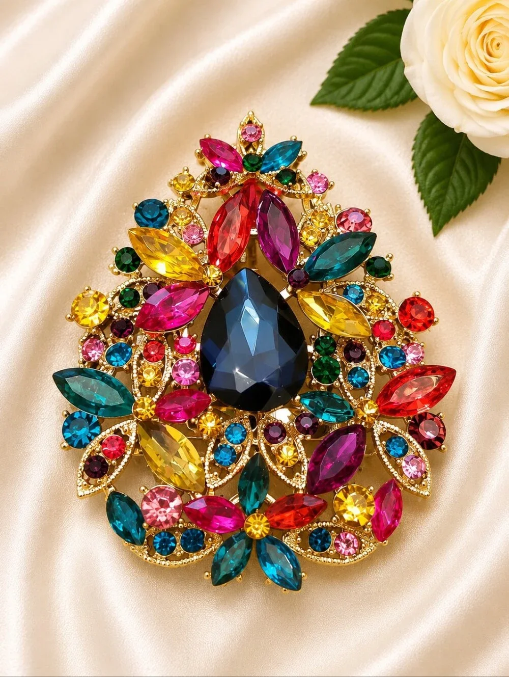 Multicolor Crystal Statement Brooch - Elegant Gold-Tone Floral Design